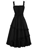 Damen Rockabilly Gothic Kleider High Waist mit Gürtel A-Line Kleid Mittelalter Cocktailkleid M Schwarz mit Tasche