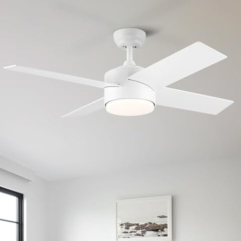 OUQI Ceiling Fans Classic Flush Mount Indoor LED Ceiling Fan with Light, 44 in Intergrated LED Ceiling Fan Lighting with White ABS Blade Cover