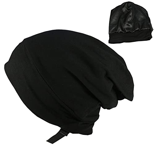 Silky Satin Lined Bonnet Sleep Cap Stay On All Night Hair Wrap Slouchy Beanie With Adjustable Strap For Women Men (Black, One Size) #TOP1