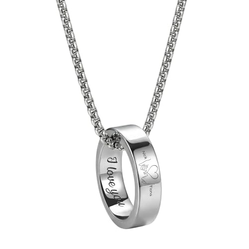 Gemszoo Personalized Ring Necklace for Couples – Custom Name Stainless Steel Pendant, Engraved Promise Ring Necklace with Chain, Gift for Him Her (Silver)