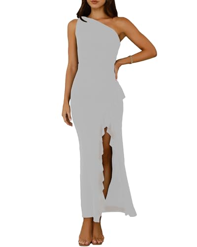 QZOOK Summer Dresses for Women 2026 Bodycon Sexy One Shoulder Side Slit Ruffles Elegant Prom Cocktail Party Wedding Guest Mesh Maxi Dress White L