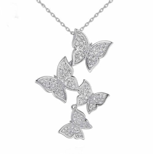 Real 925 Sterling Silver Long Zircon Butterfly Necklaces Pendant Fashion Sterling Silver Jewelry Statement Chain Necklace for Women Ladies Girls Gifts