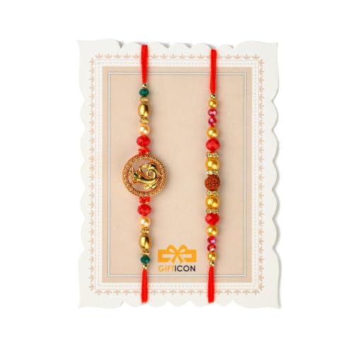 Image of Gifticon Rakhi Set for Brother Bundled with Chocolate | Rakshabandhan Gift Box with Chocolate Pack | Greeting Card | Roli | Chawal | Premium Rakhi Gifting Set with 1 Ganesha 1 Rudraksh Rakhi