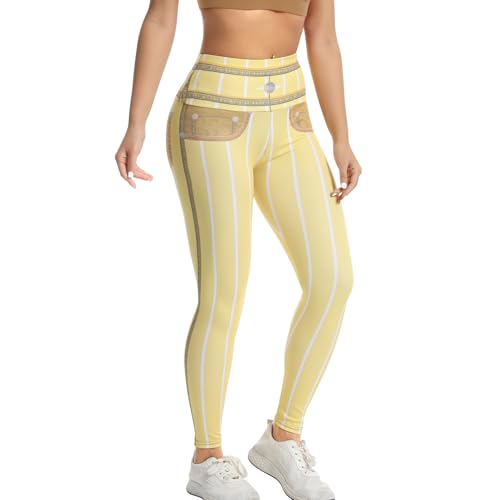 JBT Calça feminina de ioga com estampa de jeans falso, cintura alta, elástica, sem costura, levanta