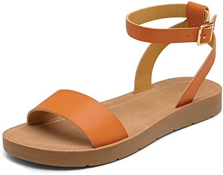 DREAM PAIRS Womens One Band Ankle Strap Buckle Flat Sandal Tan/Pu-elena-5-6.5