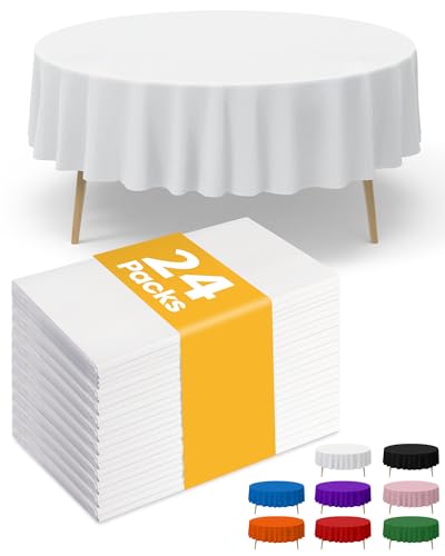 Niuara White Plastic Table Cloth - 24 Pack 84" Round Disposable Tablecloths for Round Tables, Waterproof Table Cover for Holiday Parties & Gatherings