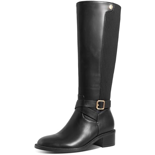 HOCHFART Black Women's Low Heel Knee High Boots Chunky Heel