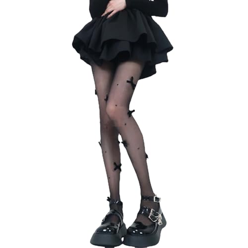 Image of Black Sheer Tights Y2K High Waist Pantyhose with Bows Patterned Stockings for Women