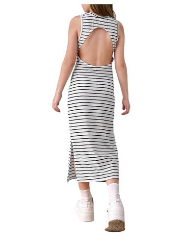 OYOANGLE Girl's Striped Print Open Back Midi Tank Dress Crew Neck Side Slit Dresses