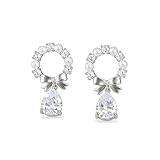 Pendientes de gota de perlas de plata y cristal con diseño de lazo, elegantes aretes de aro con piedra preciosa de lágrima y detalle de cuentas