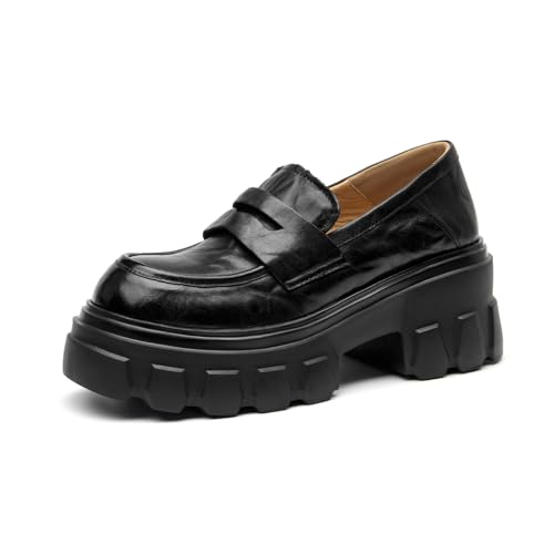 Image of BEAU TODAY Loafers for Women Dressy Leather Chunky Plaform Shoes | Genuine leather, breathable, Non-slip, thick sole business casual shoes