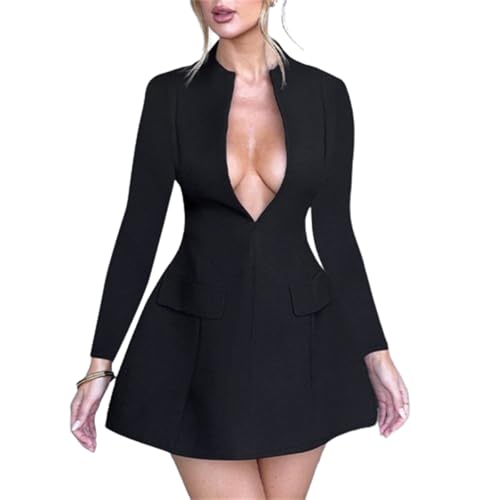 Black Deep V Neck Long Sleeve Zipper Back Sexy Slim fit Mini Dress Women Summer Fashion Clothes Party Night Club Dress