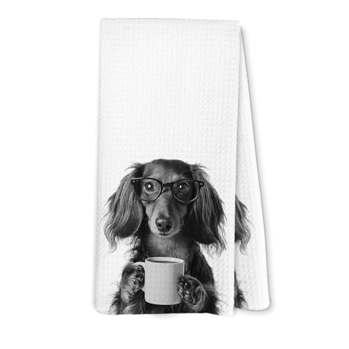 Lengues Funny Long Haired Dachshund Kitchen Towels, Dog Coffee Bar Hand Towels, Gifts for Dog Coffee Lovers Dish Towel for Kitchen Decor, Funny Dogs Gift Hand Towel for Bar Cart Decor 16x24 Inch