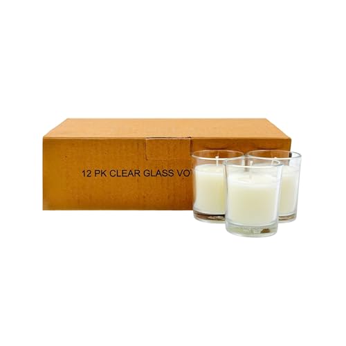 Image of Hosley Set of 12 Ivory Unscented Votive Candles 12 Hour Burn Time Hand-Poured Wax in Clear Glass Holders Long-Lasting, Smokeless Candles for Weddings, Home Decor, Spa & Events.