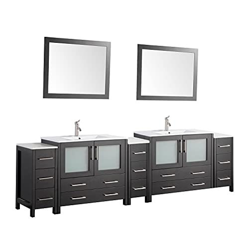Vanity Art 108 Inch Under Mount Double Sink Bathroom Vanity Cabinet with 2 Mirrors, Ceramic Top Bathroom Cabinet Compact Set with 13 Dovetail Storage Drawers and Brushed Nickel Handles, VA3036-108-E