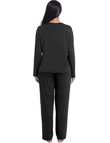 Joyaria Womens Soft Bamboo V Neck Long Sleeve Pajama/Pj/Sleep/Lounge Sets With Pants (Small, Black) #TOP5
