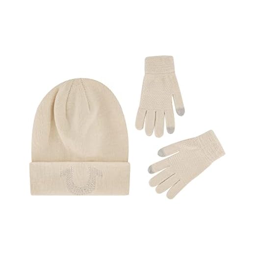 True Religion Beanie Hat and Touchscreen Glove Set, Cuffed Winter Knit Cap with Rhinestone Logo and Touch Screen Mittens, Off White, One Size