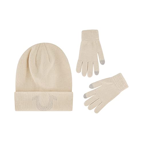 True Religion Beanie Hat and Touchscreen Glove Set, Cuffed Winter Knit Cap with Rhinestone Logo and Touch Screen Mittens, Off White, One Size