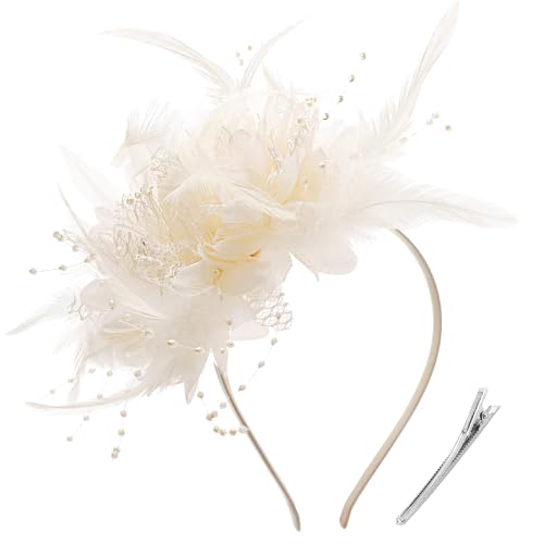 Image of DRESHOW Womens Fascinators Hats Tea Party Hats for Women Pearl Lace Feather Hat Vintage Derby Hats for Wedding Cocktail