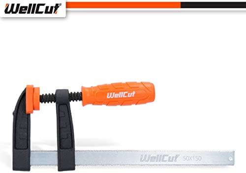 WELLCUT Heavy Duty Non-Slip Mechanism Soft Jaw Cap Anti-Scratch S2 Steel Quick Slide Woodworking F Bar Clamp with Ergonomic Grip Handle 50X150, Clamping Force 120 kg