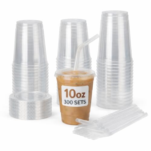 Nicole Home Collection 100 Sets – 10 oz Clear PET Plastic Cups with Lids and Straws, Sturdy & Food Safe Iced Coffee Cups, Disposable Smoothie Cups for Cold Drinks