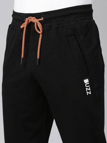 Image of BUZZ Standard Men Athleisure Slim Fit Solid Cotton Joggers Zipper Pockets, Ultra Soft, Stretchable, Breathable, Anti-Slip Waistband with Drawcord, Track Pants for Leisure, Travel, Workout. Pack of 1