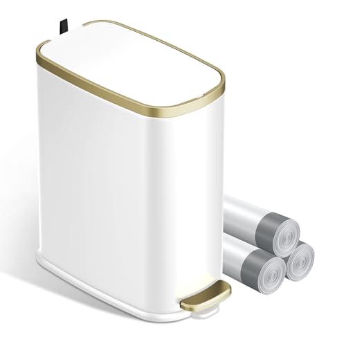 Image of KUK Small Bathroom Trash Can with Lid Soft Close, Step Pedal, 2.6 Gal Stainless Steel Garbage Can with Removable Inner Bucket, Anti-Fingerprint Wastebasket for Office, Bedroom, Toilet (White)