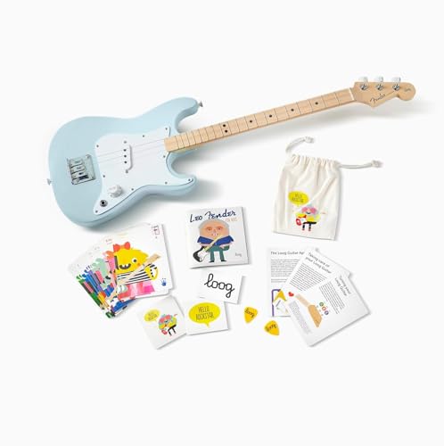 Fender Loog Stratocaster 3-String Electric Guitar for Kids, Beginner Guitar, Includes Chord Flash Cards, Learning App, Educational Booklet, Picks, and Stickers, Sonic Blue