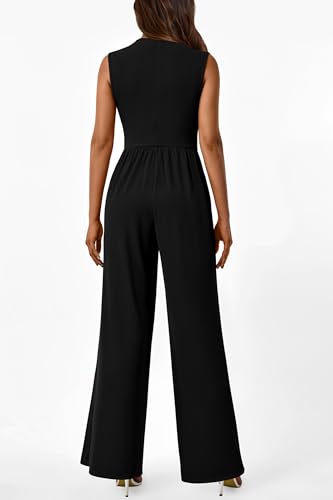 Image of PRETTYGARDEN Women's Summer Dressy Casual Jumpsuits | Cozy Ribbed Fabric, Sleeveless Mock Neck, Back Zipper, Pockets, Wide Leg Pants Rompers, Fashion Clothing, One Piece Outfits
