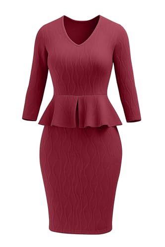 Runwind Business Dresses 3/4 Sleeve Peplum Bodycon Knit Pencil Dress for Curvy Women Modest Wear to Work Dresses2