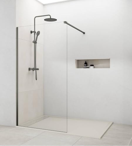GME   Mampara Ducha Fija 80cm Frontal con Brazo de Sujeción | Mampara de Cristal Antical y Perfilería de Aluminio con 195cm de Altura | Vidrio con Grosor 8mm | Color Titanio