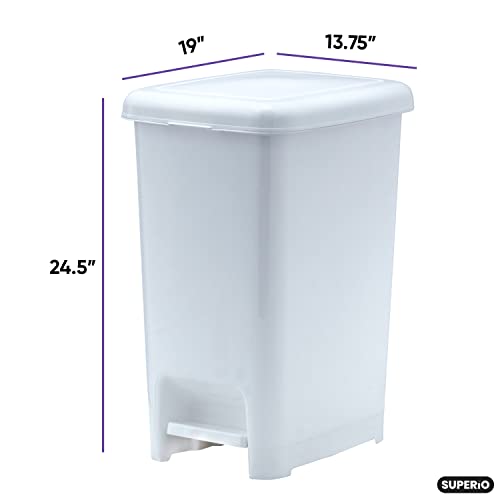 Superio 16Gal Slim Step On Pedal Plastic Trash Can, Waste Bin For Under Desk, Office, Bedroom, Bathroom- 64 Qt White #TOP1