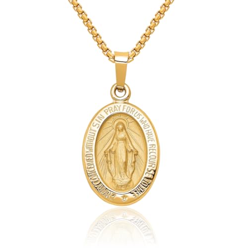 IceCarats 14K Solid Yellow Gold Our Lady of Miraculous Medal Blessed Virgin Mary Necklace Chain Pendant Charm 23mm x 12mm Only