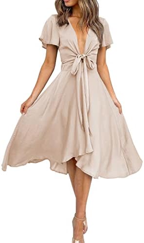 miduo Womens Dress Fashion 2022 V Neck Ruffle Short Sleeve Tie Front High Waist High Low Midi A-Line Party Dresses Champagne L