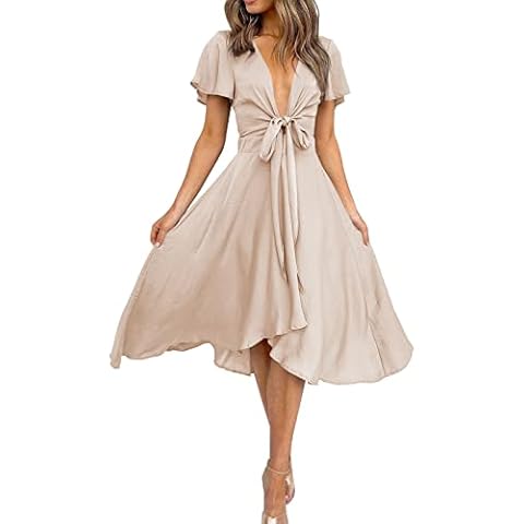 miduo Womens Satin Deep V Neck Ruffle Short Sleeve Tie Front High Waist High Low Midi A-Line Party Dresses Champagne M Cover