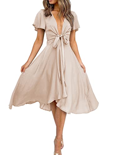 Image of miduo Womens Satin V Neck Ruffle Short Sleeve Tie Front High Waist Midi A-Line Maxi Dresses