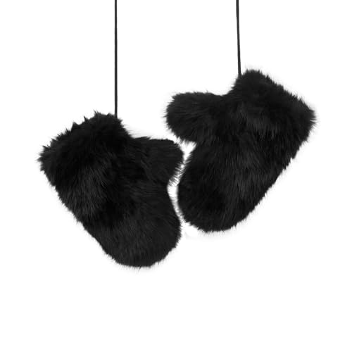 Image of TINAYAUE Women Faux Fur Winter Gloves Solid Color Windproof Furry Thermal Mittens with String Cute Thick Plush Warm Fleece Lined Gloves for Cycling Skiing Dating (Black)