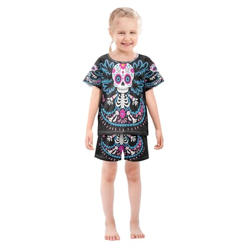 Pajama Sets Short Sleeve Colorful Sugar Skull Design Soft Cotton Summer Sleepwear 2 Piece PJS Size 5-14T4
