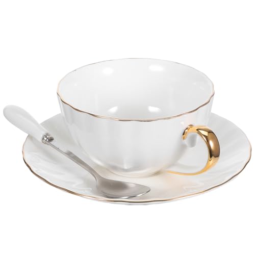 EPIGEIST Set 6 Tazze da Caffè Piattino in Porcellana Ossea Bianca 220ml Bordo Dorato, Tazzine per Espresso e Tè, Adatte per Casa, Bar e Riunioni