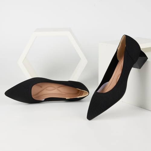 YEOJOU Heels for Women Knit Pointed Toe Women Pump Shoes Low Heel Comfortable Womens Dress Shoes Work4