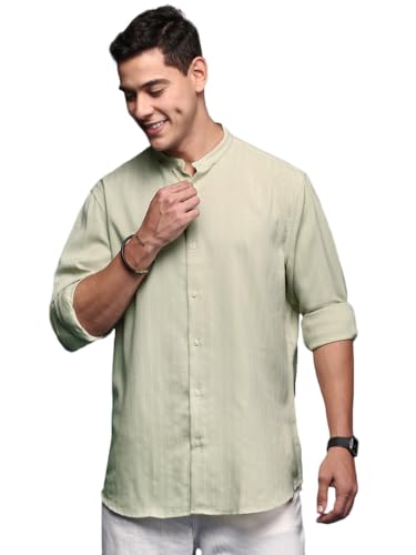 Image of SHOWOFFFF Men Solid Casual Shirt | Mandarin Collar Full Sleeves Cotton Shirt for Mens | Slim Fit Regular Length Shirt for Men's