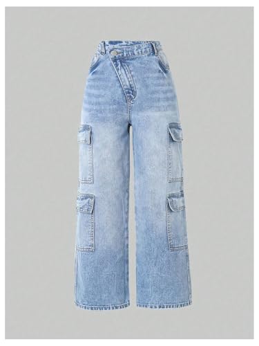 OYOANGLE Girl's Cargo Jeans Asymmetrical Waist Flap Pocket Straight Leg Denim Pants4