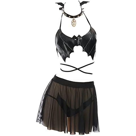 MEOWCOS Women’s Sexy Lingerie Gothic Dark Bat Lingerie Set Halter Lace-up Costume Outfit with Headwear and Skirt Cover