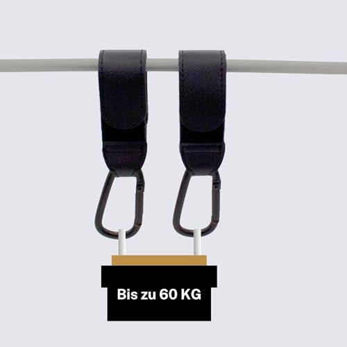 ESSENTIVAL Kinderwagen Haken für Taschen (2 Stück) - Großer Universalkarabiner für Kinderwagen, Robuste Karabinerhaken als Taschenhalter, Anhänger für Kinderwagen in Universeller Passform (Schwarz)