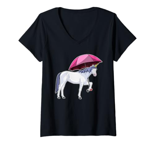 Mujer Unicornio Paraguas Camiseta Cuello V