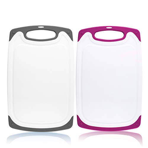 CHEF GRIDS Durable Plastic Cutting Board Set, Chopping Board Thick Plastic, for Vegetable Meat or Cheese with Non-Slip Feet and Handles with Juice Groove | Dishwasher Safe (2-pc Set, Fuchsia, Grey)
