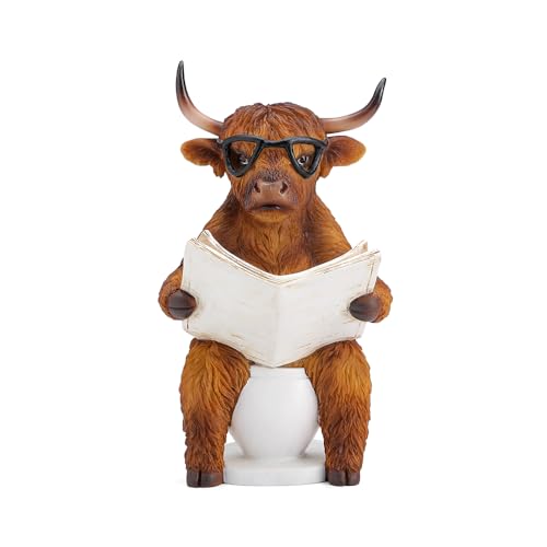 SUYNYBHF Highland Cow Figurine Resin Highland Cow Statue for Decorating Toilets, 7.4 Inches, Used for Home Office Desk and Bathroom Decor, Father's Day (Brown Reading Materials)
