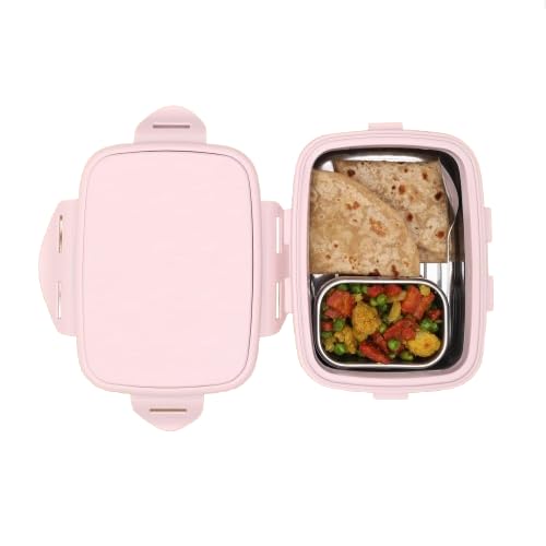 JAYPEE Inner Stainless Steel Insulated Lunch Box Wavesteel Jr. Pink, 500 ml, Airtight Tiffin Box for School Kids |Spillproof with Silicon Seal |Food Grade | BPA Free
