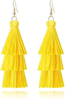 DIYANMMY 3 Tier Layered Colorful Tassel Earrings Bohemian Big Dangle Drop Fashion Jewelry Earrings for Women Teen Girls Valentine Birthday Party Gift. (yellow Tassel)