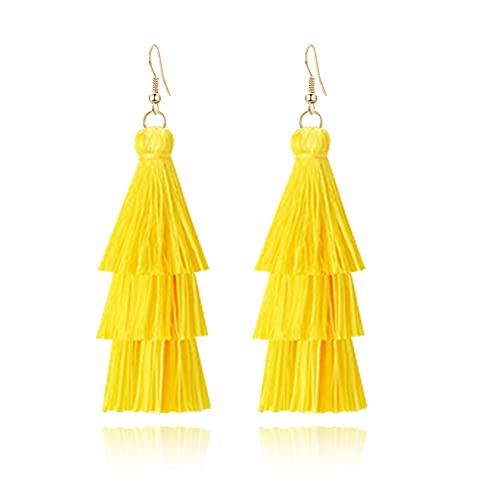 Diyanmmy 3 Tier Layered Colorful Tassel Earrings Bohemian Big Dangle Drop Fashion Jewelry Earrings For Women Teen Girls Valentine Birthday Party Gift. (Yellow Tassel) #TOP2